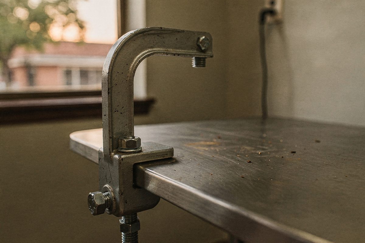 Steel grooming arm clamp fitted to a grooming table edge